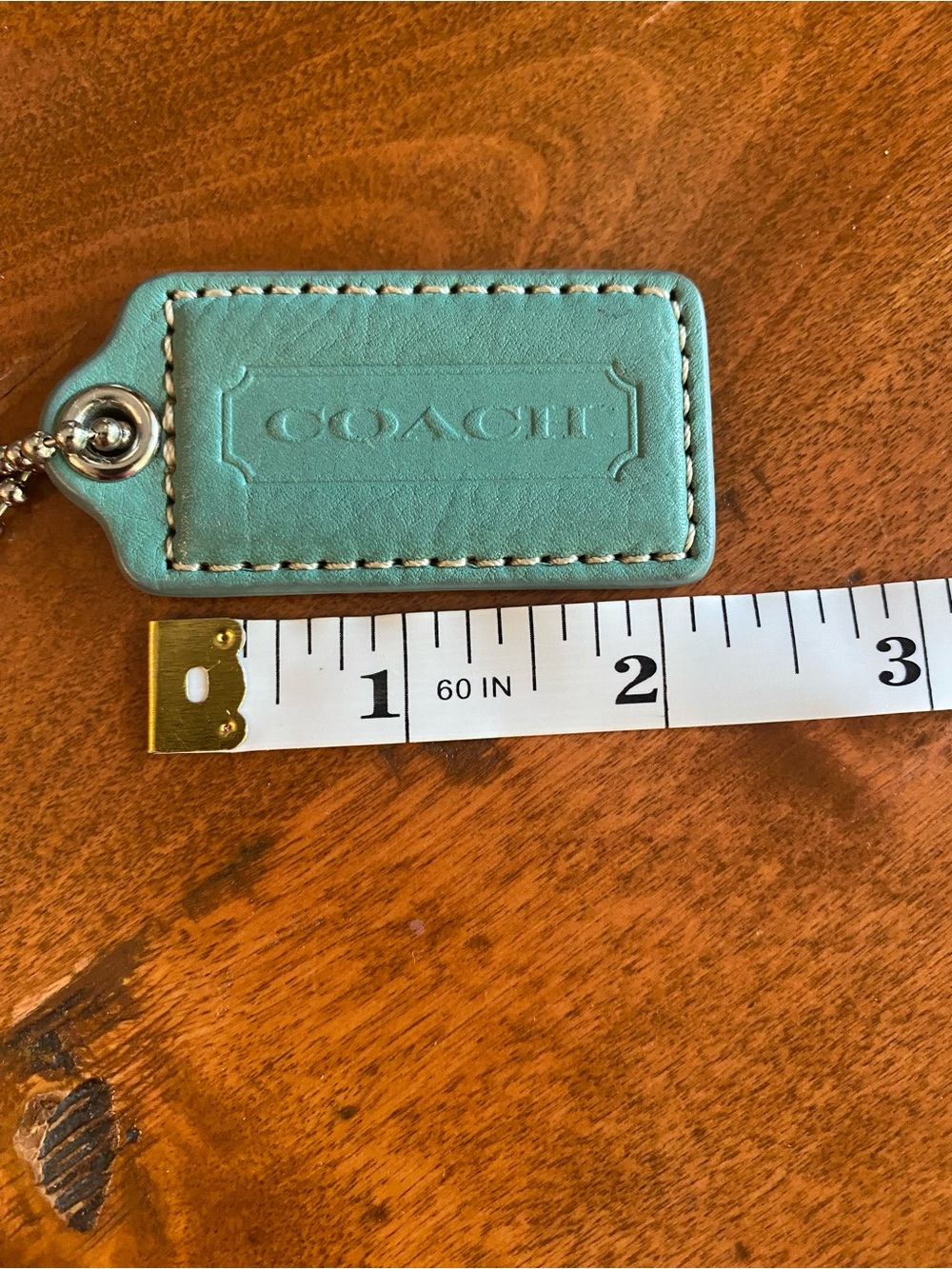 COACH Teal Leather Rectangle Tag Keychain with Stitching